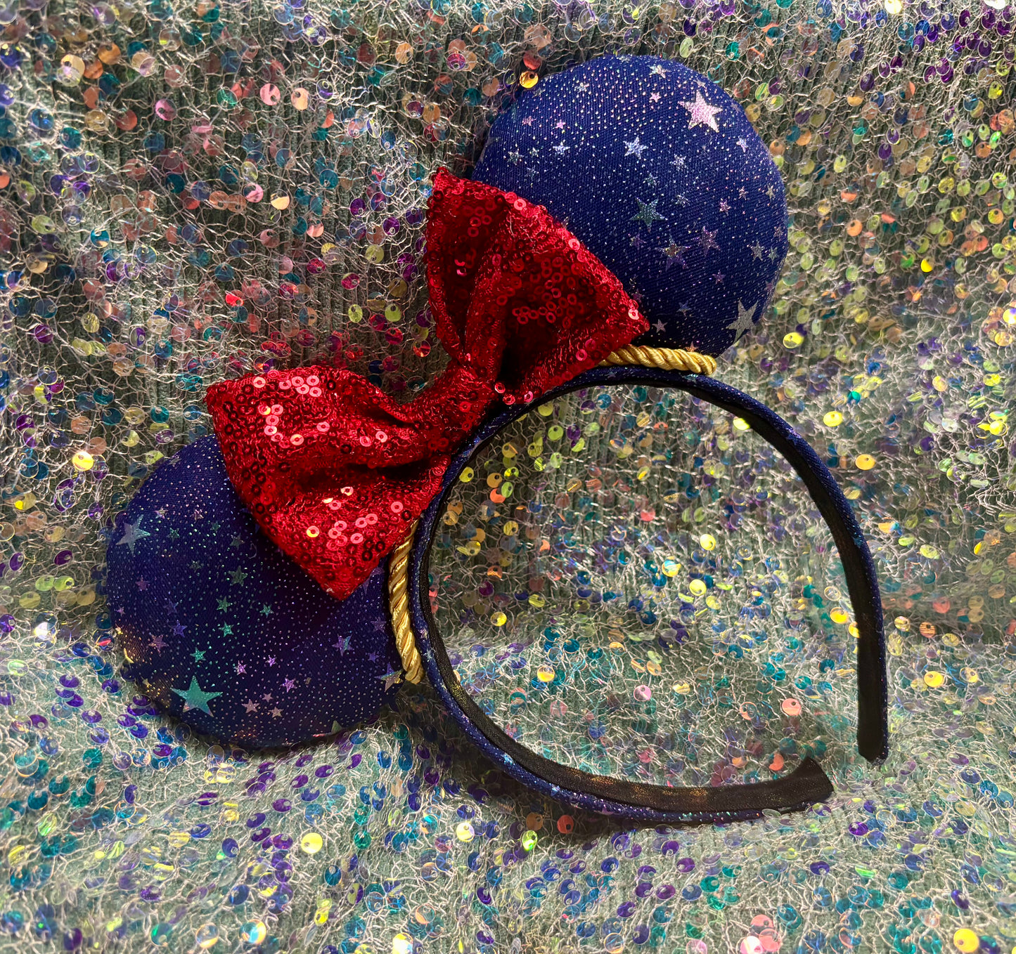 Sorcerer Mickey Inspired Mouse Ears | Galaxy Fabric & Gold Trim Theme Park Headband