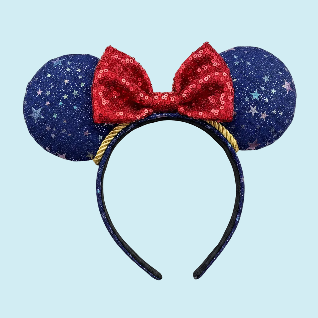 Handmade and ready to ship Sorcerer Sparkling Iridescent Mouse ears with fabric on both side of ears and the headband as well. The headband is universal sized and fits most. The set has a red sequin bow and gold trim. 