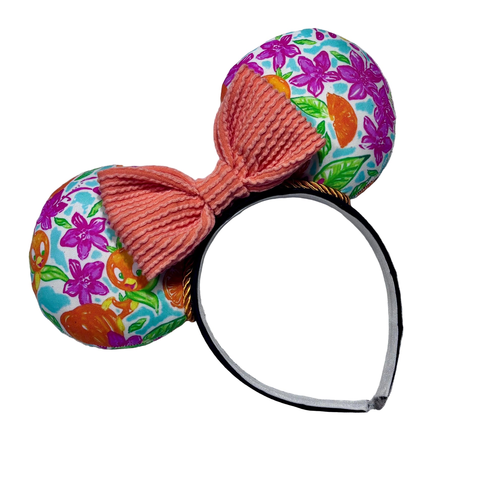 Pink, White, Blue and of course Orange on these handmade and ready to ship Orange Bird themed mouse ears with an orange waffle bow. Shown on a white background.