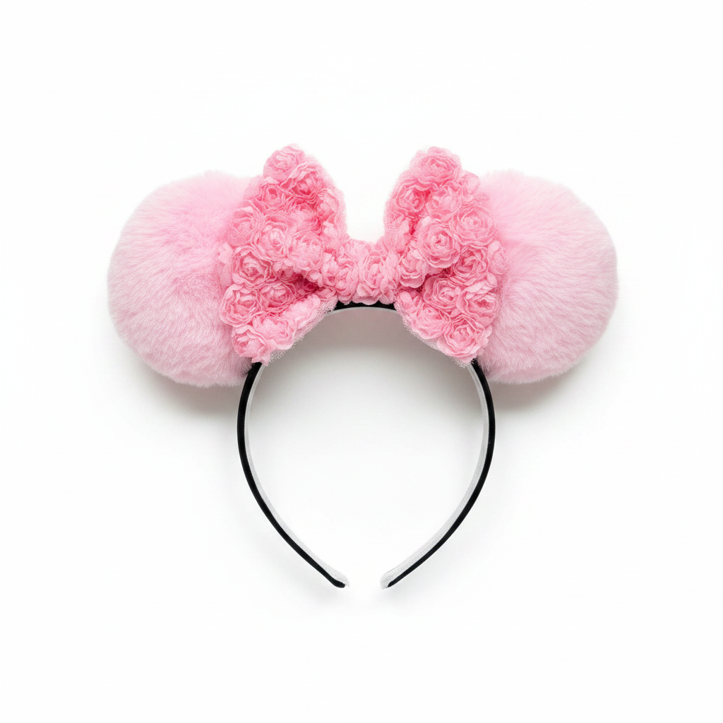 Handmade and ready to ship Pink floral headband with fluffy mouse ears and a big rose bow in the middle. Ears are on a black poly cotton universal sized headband.