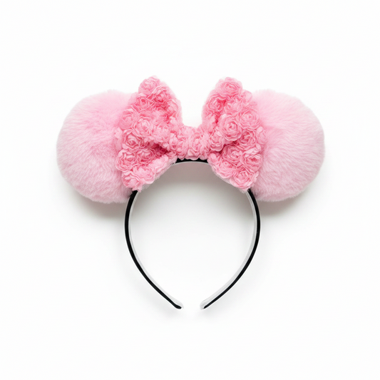 Handmade and ready to ship Pink floral headband with fluffy mouse ears and a big rose bow in the middle. Ears are on a black poly cotton universal sized headband.