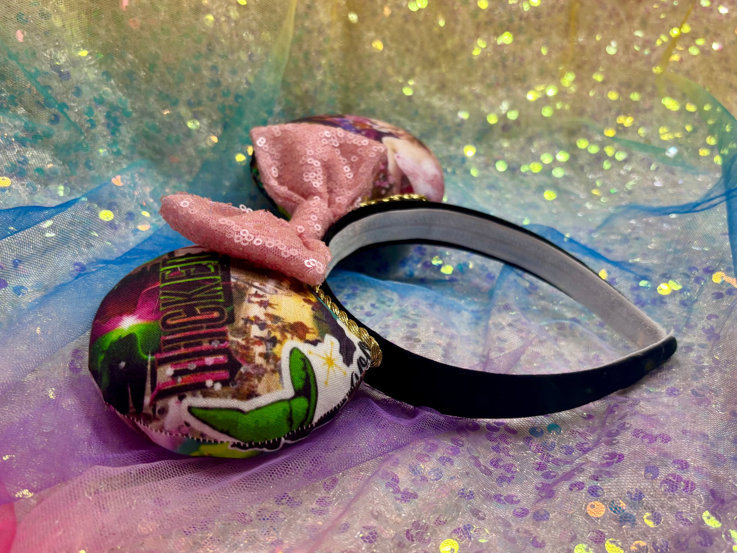 Wicked Collage Mouse Ears – Elphaba & Glinda Inspired Handmade Disney Headband | Pink Sequin Bow