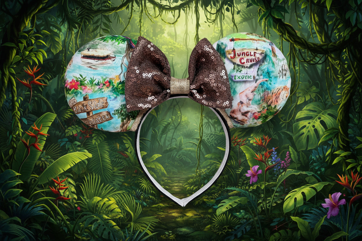 Jungle-themed mouse ears with a brown sequin bow. Shown on a lush green leaf background