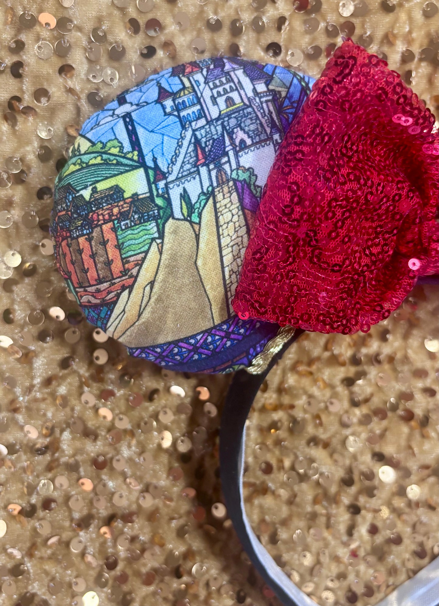 Front left side view of handmade and ready to ship mouse ears.