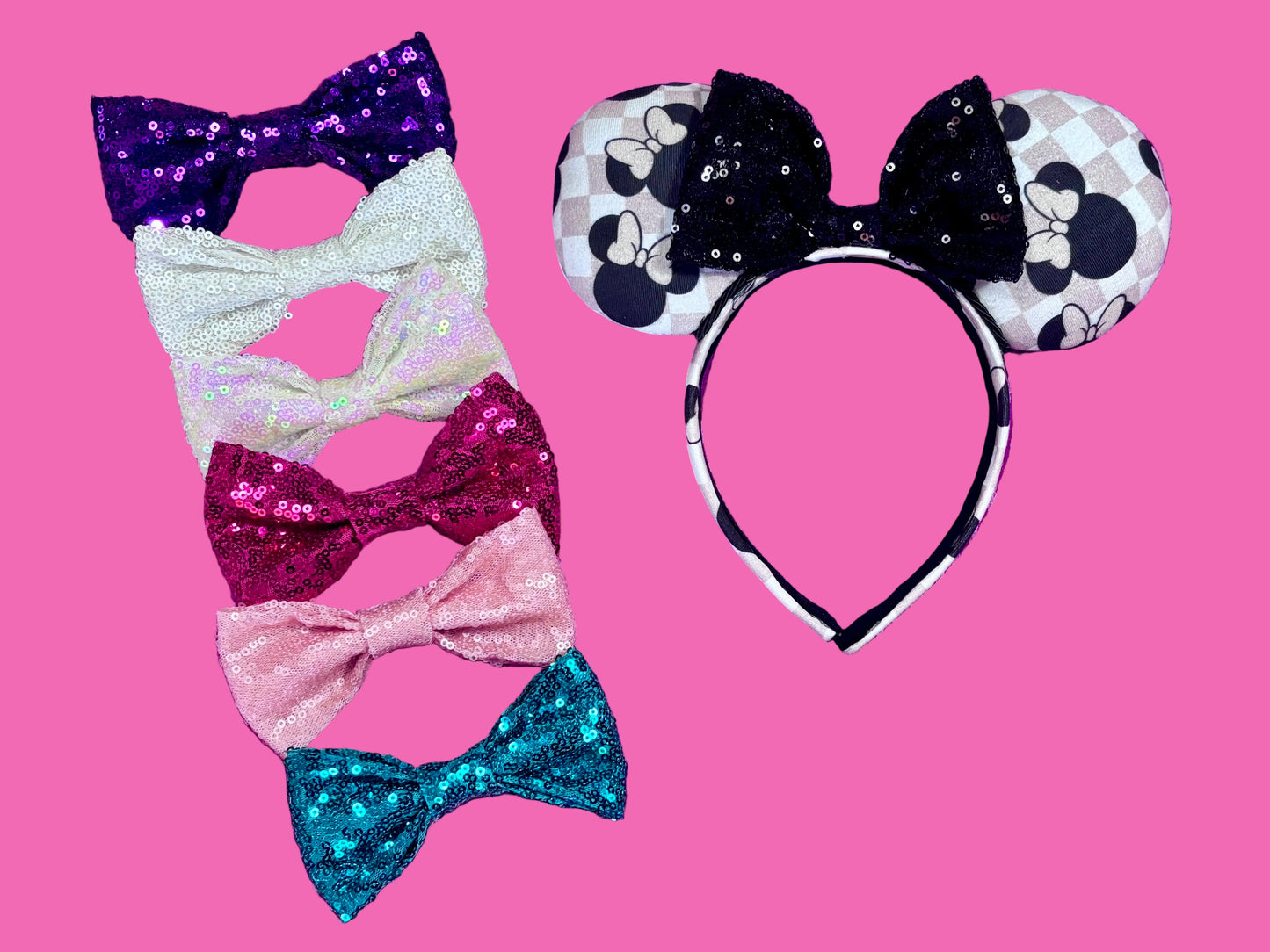 Mouse Ears pictured with sequin bow color options for your set. Handmade and ready to ship Checkered Mouse ears with famous Minnie ear bows on the design and a black sequin bow with black twisted trim on a universal sized headband.