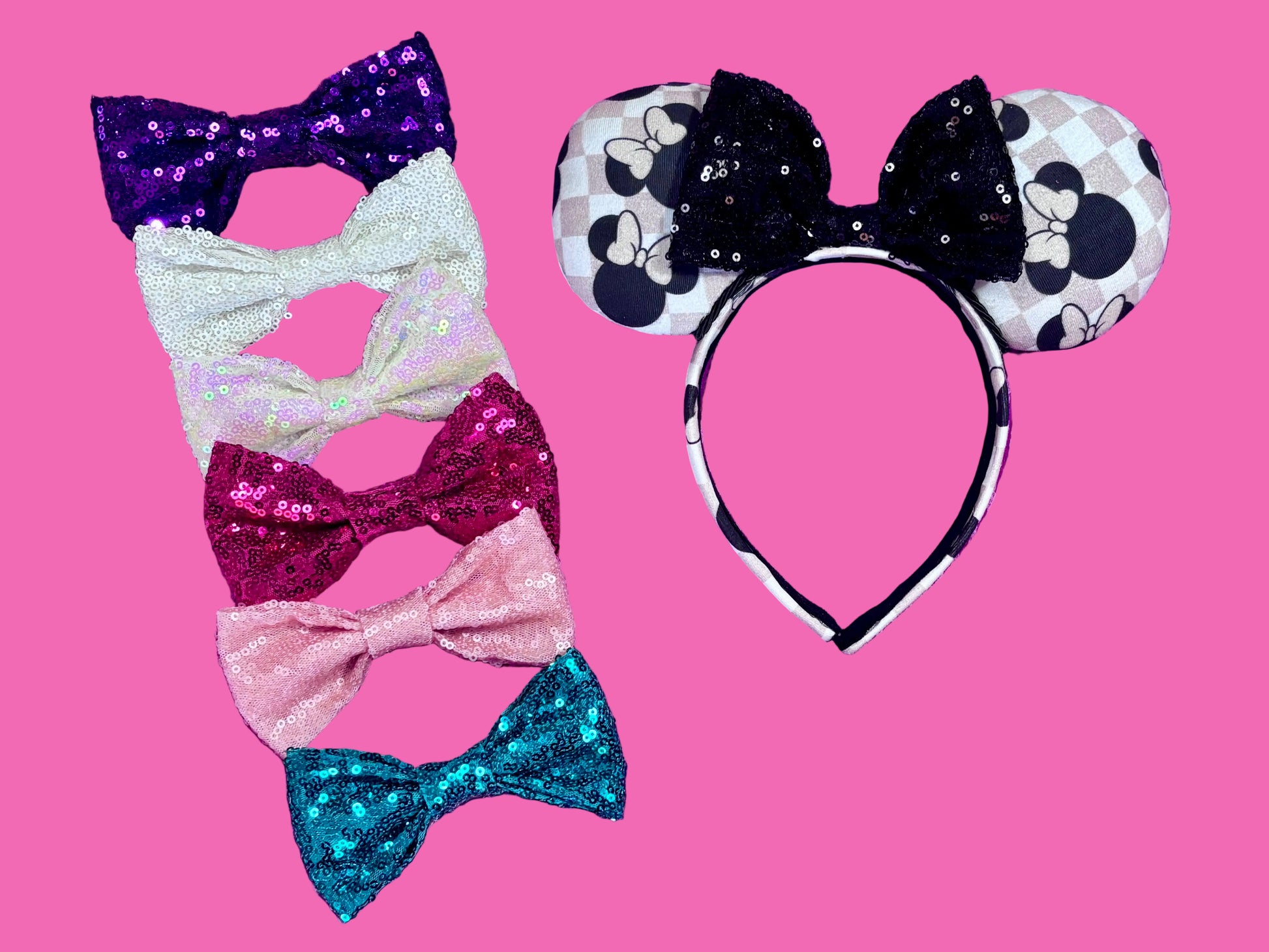 Mouse Ears pictured with sequin bow color options for your set. Handmade and ready to ship Checkered Mouse ears with famous Minnie ear bows on the design and a black sequin bow with black twisted trim on a universal sized headband.