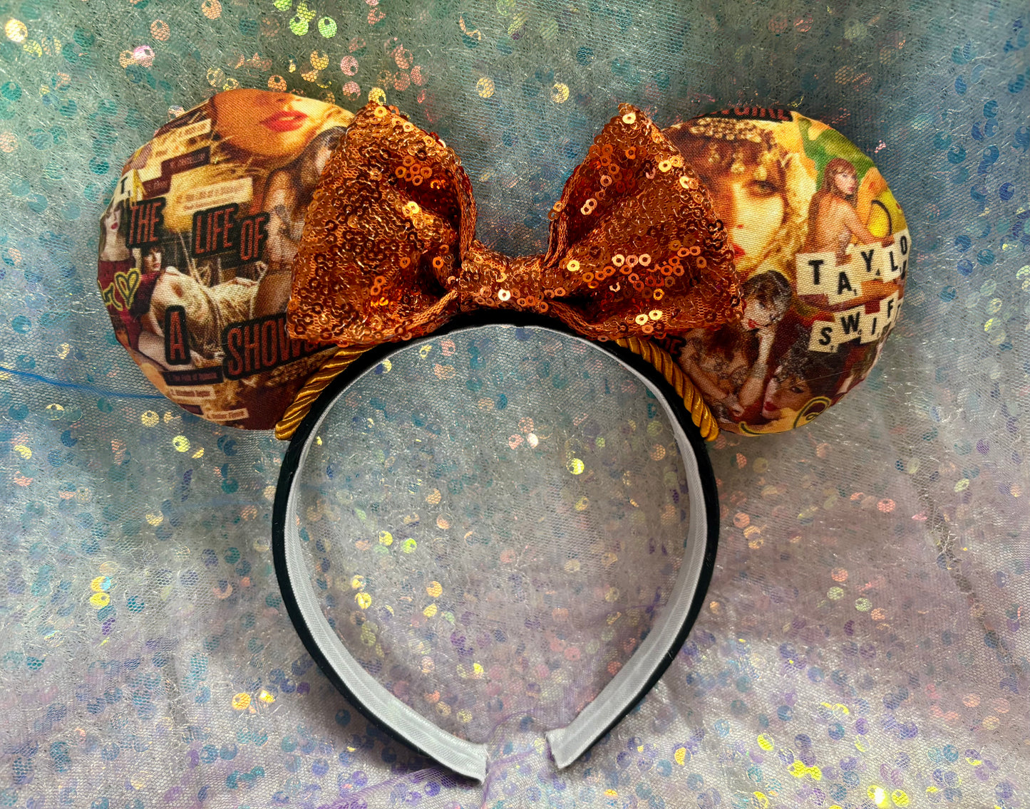 Showgirl Collage Mouse Ears | LOAS Inspired Orange Satin Bow Theme Park Headband
