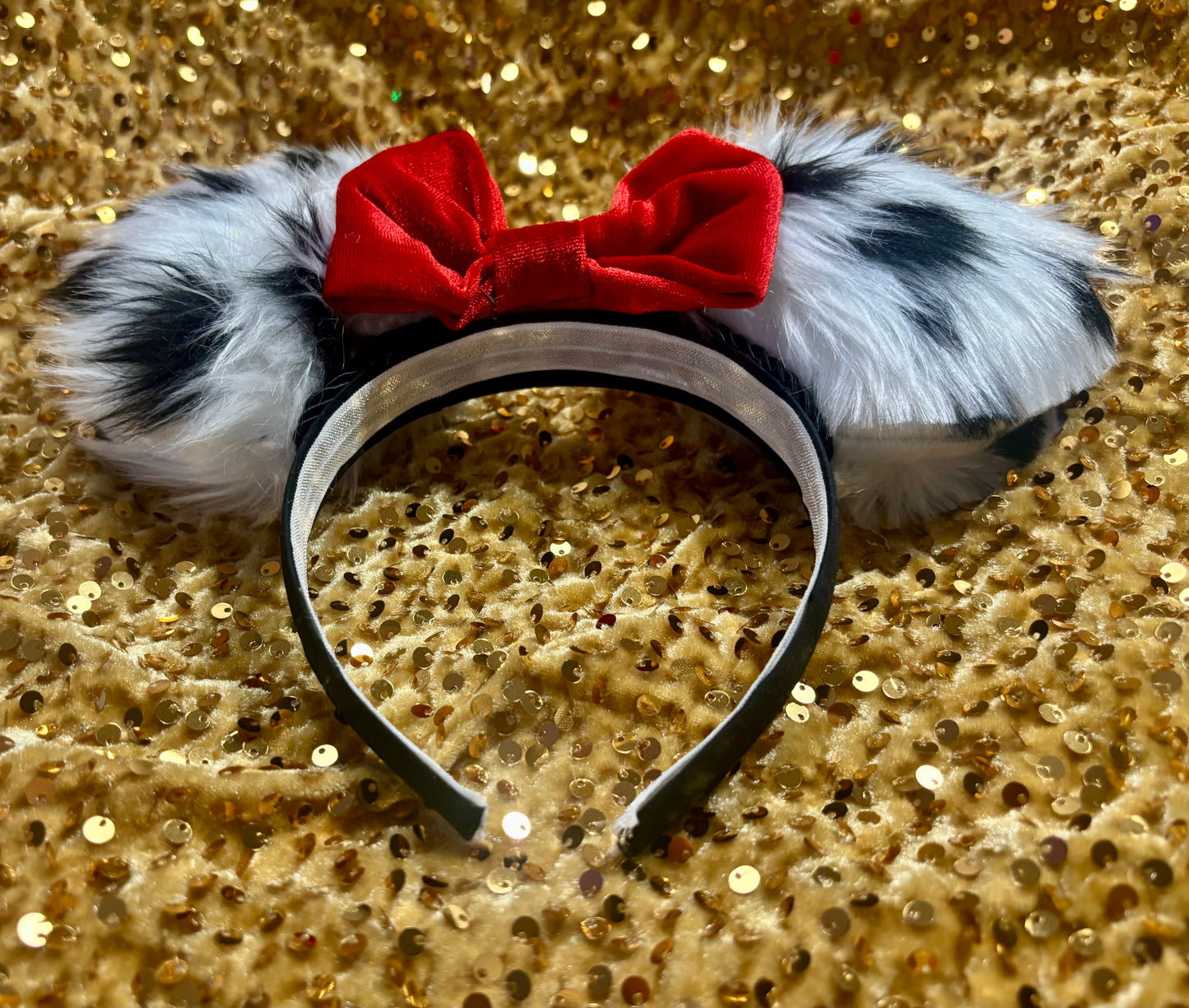 Cruella De Vil Inspired Mouse Ears | Black & White Faux Fur Red Bow Theme Park Headband