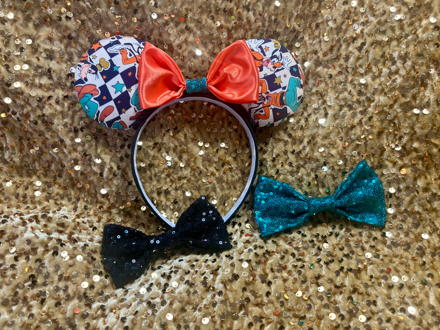 Goofy Mouse Ears | Classic Character Fabric Orange Satin & Turquoise Sequin Bow Headband