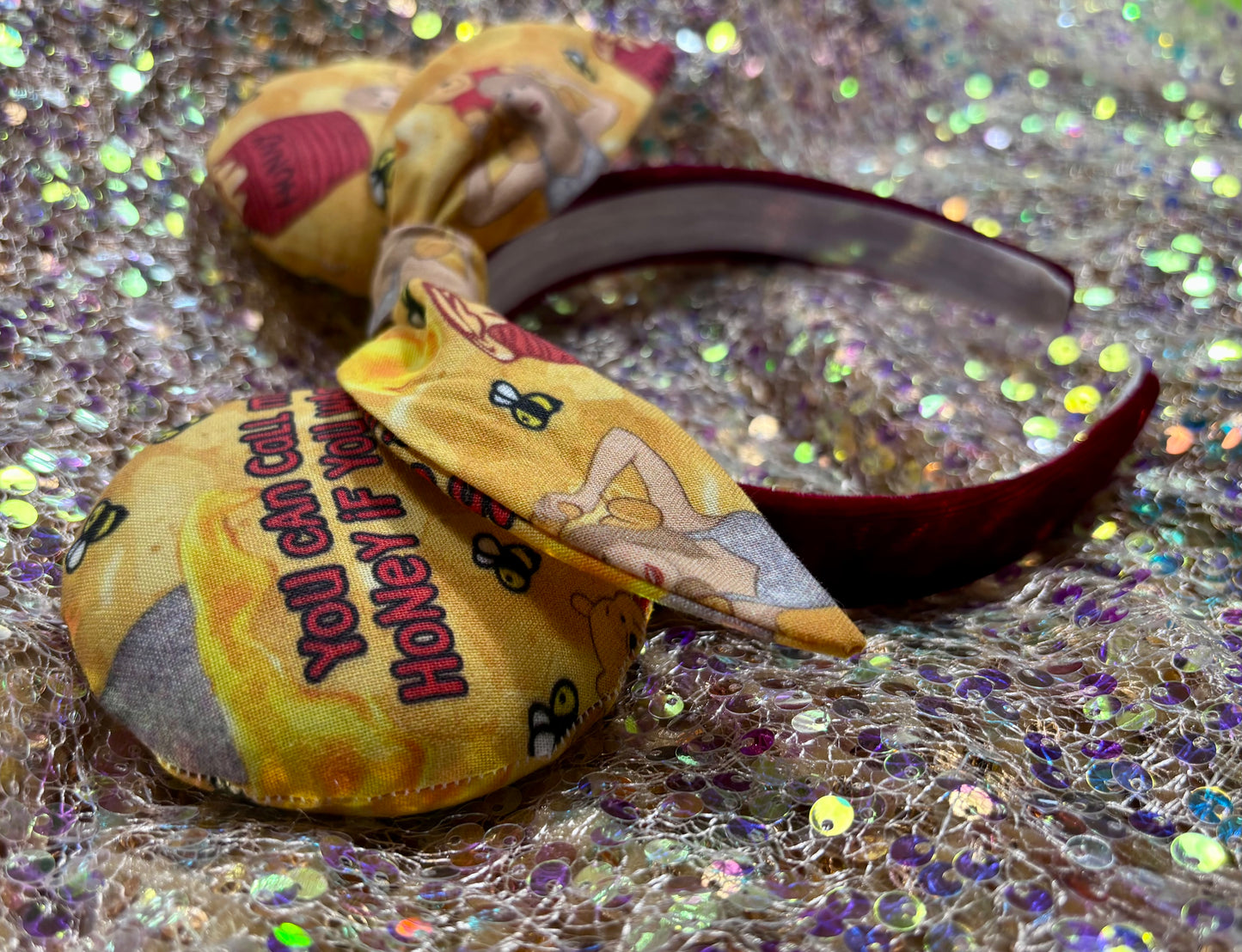 Honey Pooh Twisted Bow Mouse Ears – Handmade Disney-Inspired Headband