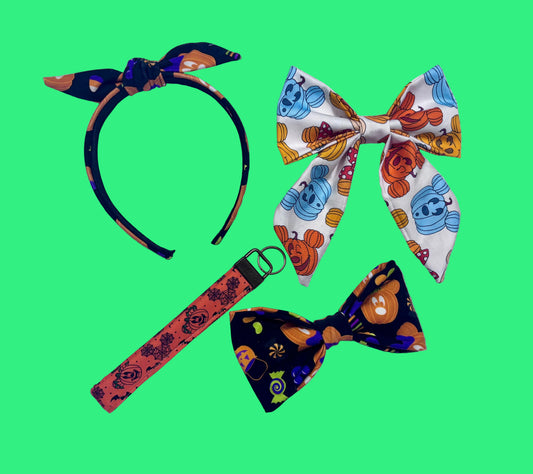 Boo Bundle includes one keychain wristlet, one French tailed mouse pumpkin bow, a boo to you hairbow and twisted bow headband as well. All are handmade and ready to ship.