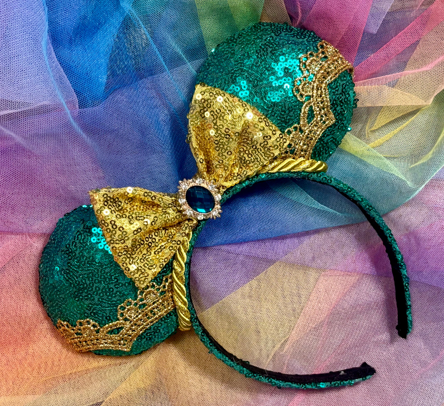 Jasmine Inspired Mouse Ears – Princess Aladdin Handmade Disney Headband | Teal & Gold Sequin Bow
