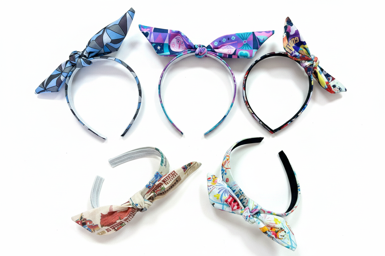 Handmade and ready to ship twisted bow headbands. This set of 5 colorful headbands come with sets in EPCOT, SMALL WORLD, PARK COLLAGE, MK RIDES AND THEM PARK. Made on universal headbands that fit most. 