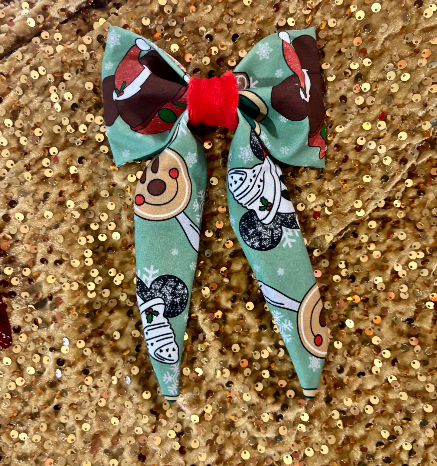 close up of the Christmas treat hairbow