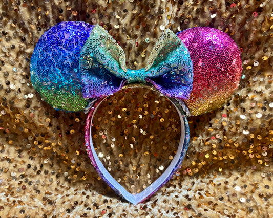 Rainbow Sequin Mouse Ears – Handmade Pride Disney Ear Headband | Sparkle Sequin Bow
