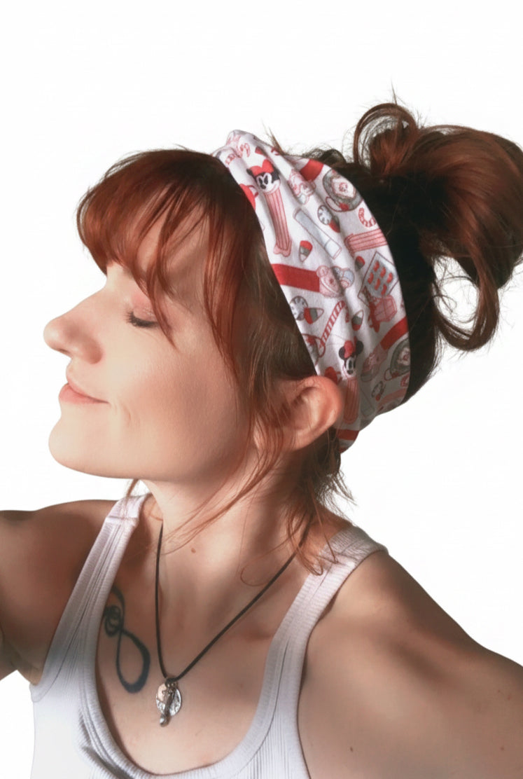 Model Tam wearing her Stocking Stuffers headband wrap. Showing it from the side view. 