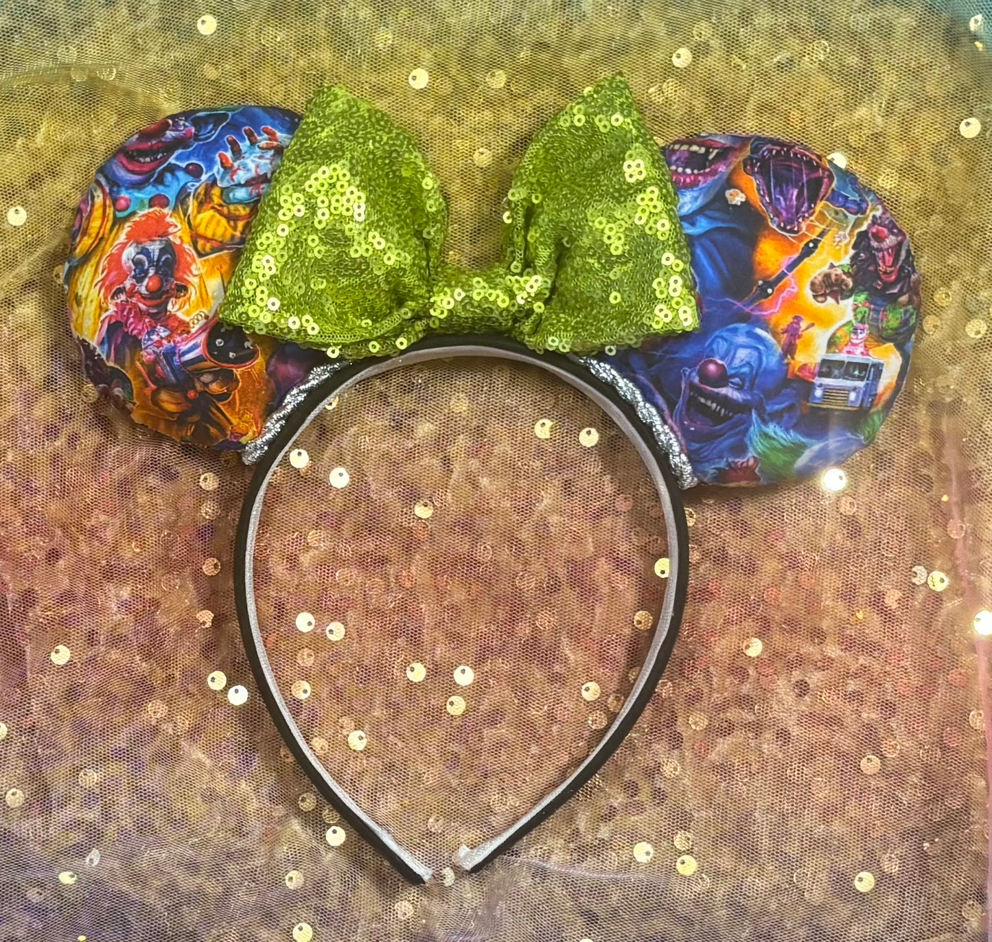 Killer Klowns Mouse Ears | Handmade Horror-Inspired Disney Headband with Lime Green Sequin Bow