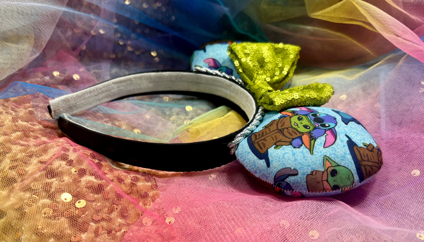 Baby Yoda & Stitch Mouse Ears | Handmade Star Wars Lilo & Stitch Disney Headband with Sequin Bow