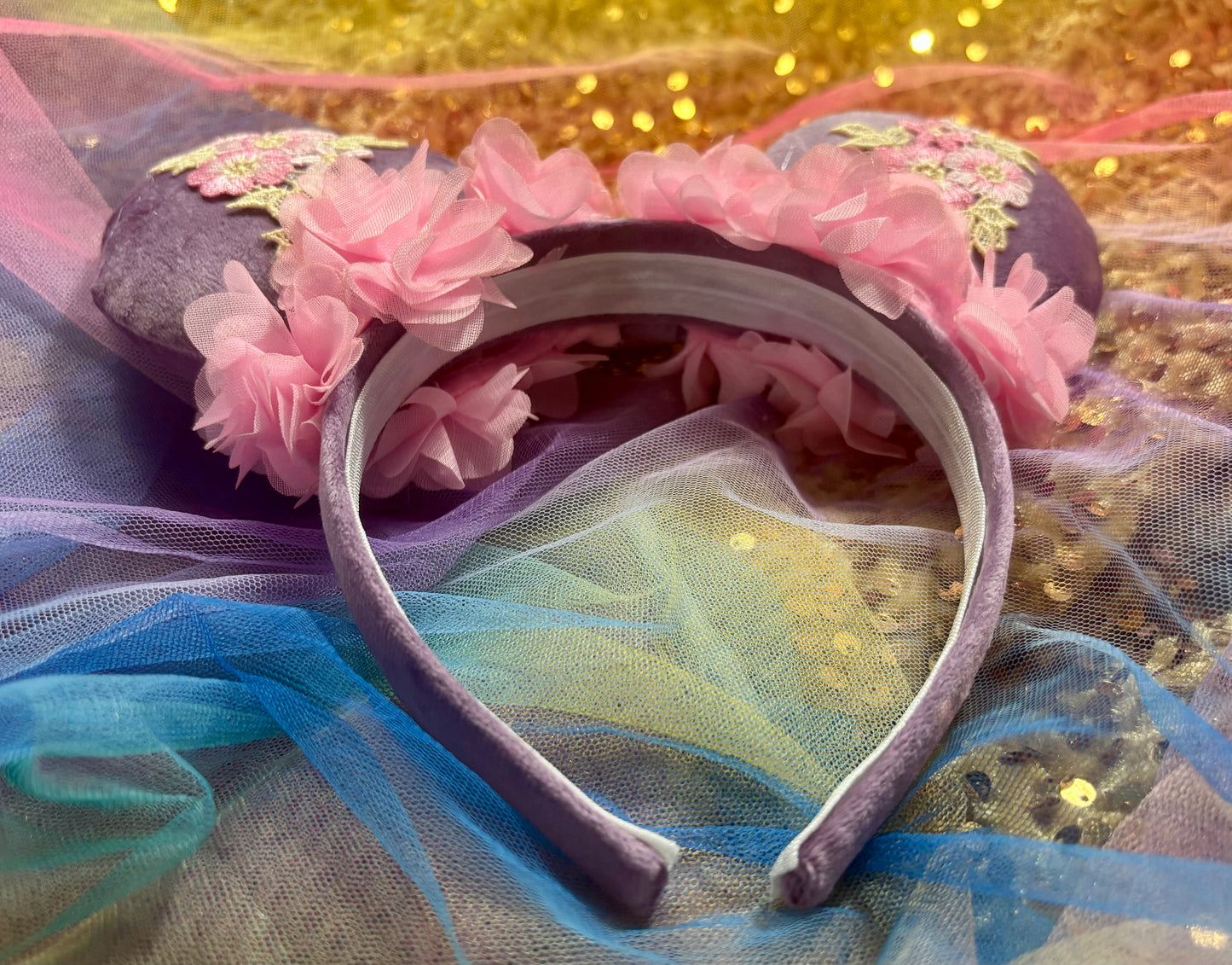 Rapunzel Inspired Mouse Ears | Purple Velvet & Pink Floral Trim Theme Park Headband