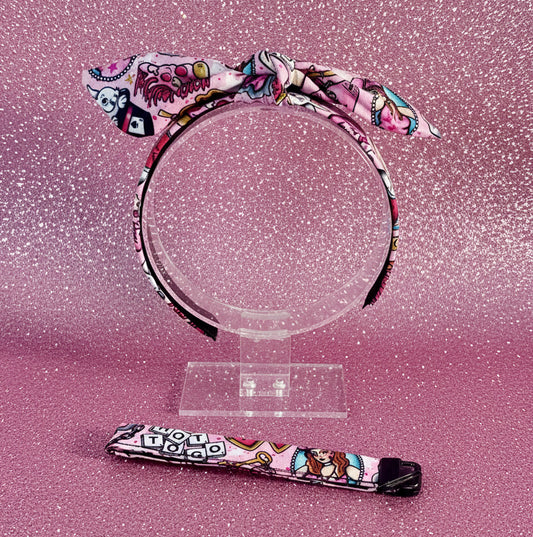 Handmade and ready to ship twisted bow headband and keychain wristlet. Both have Chappell inspired fabric on them. front and backs.