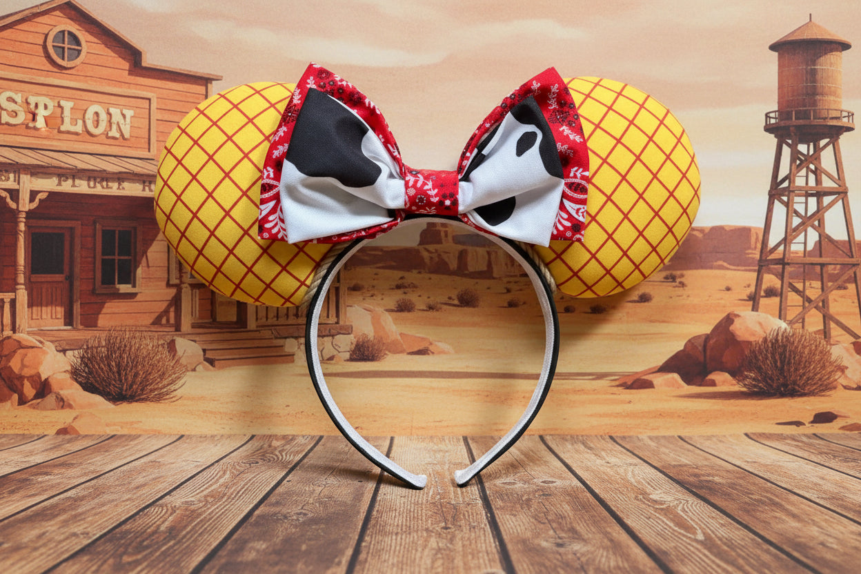 Woody inspired Mouse ears with a red bandana and cow print bow. Shown on a wooden background