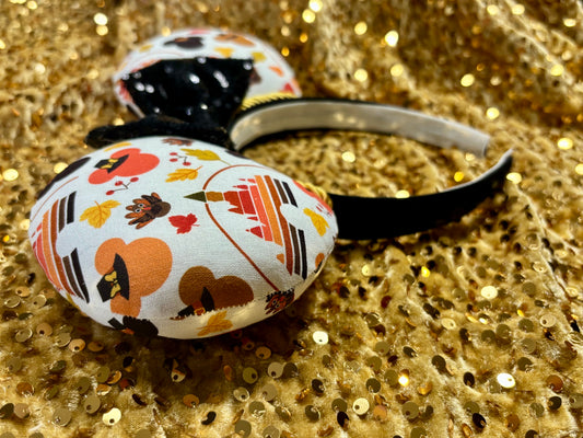 Thanksgiving Mouse Ears | Handmade Fall Disney Headband with Gold Trim & Sequin Bow