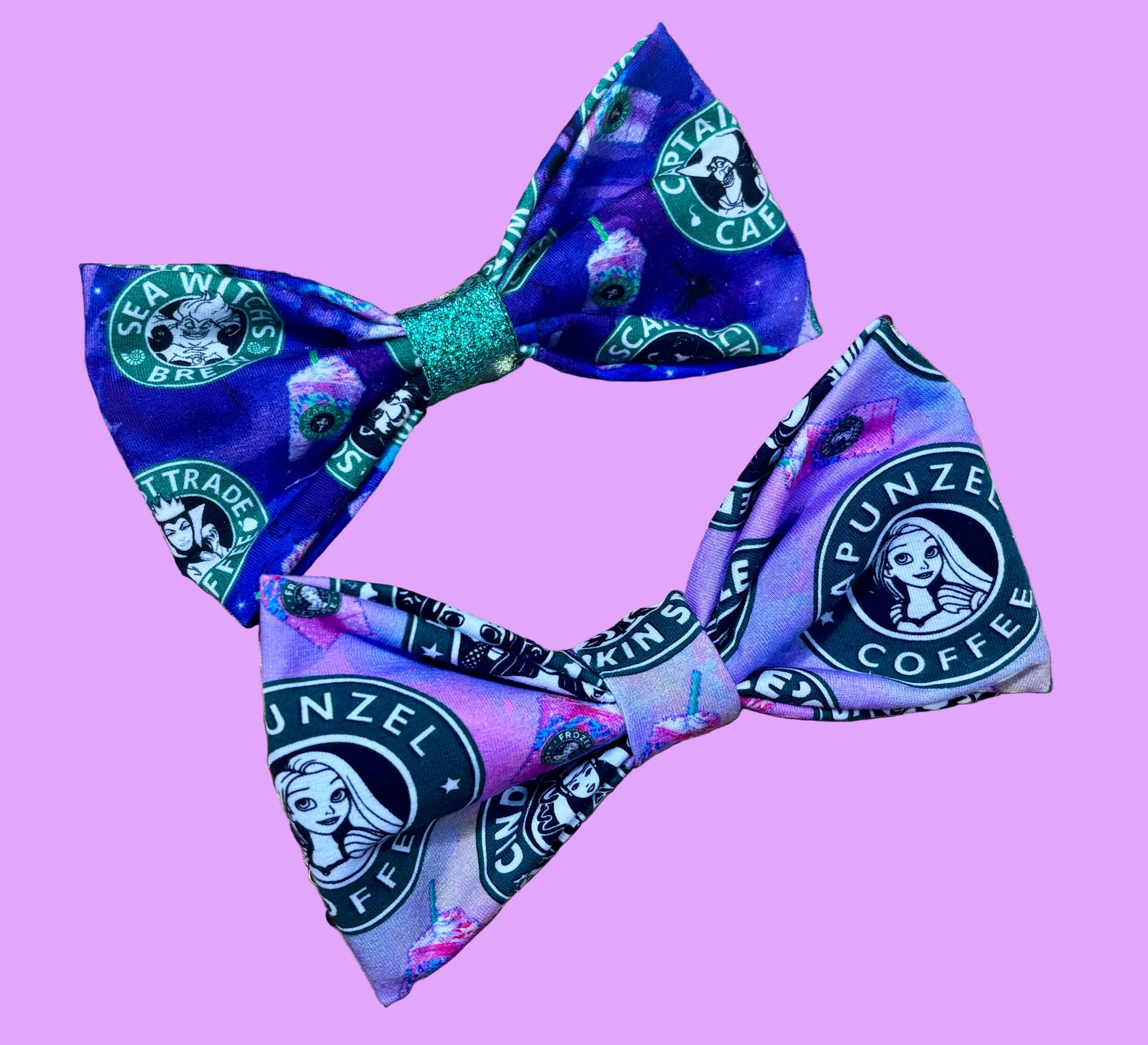 Handmade and ready to ship hairbows in a famous beloved coffee company's image but with princesses on one bow and villains on the other.  