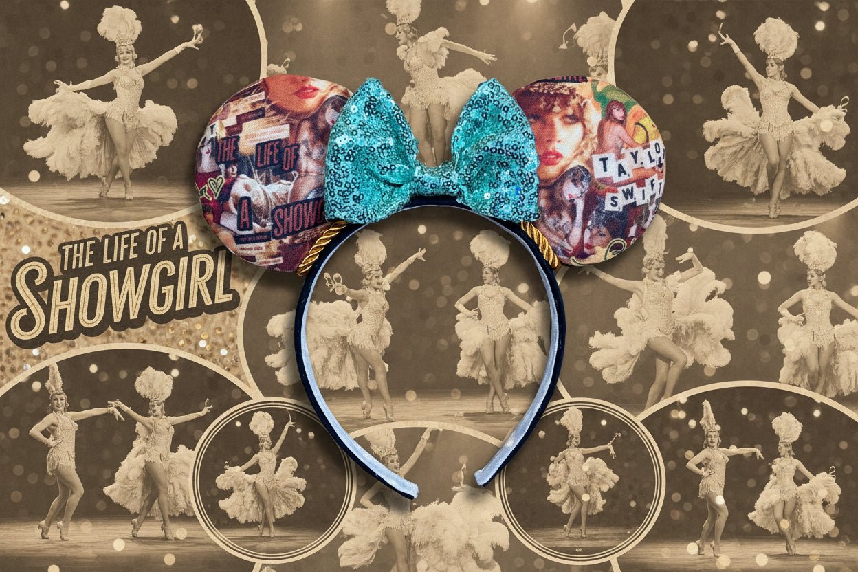 Showgirl collage Mouse ears with a mint sequin bow. Shown on a background of black and white images of showgirls.