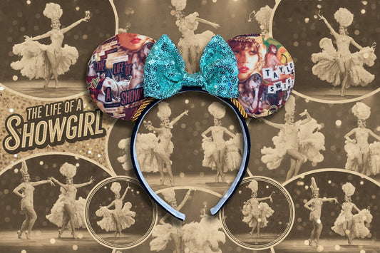 Showgirl collage Mouse ears with a mint sequin bow. Shown on a background of black and white images of showgirls.