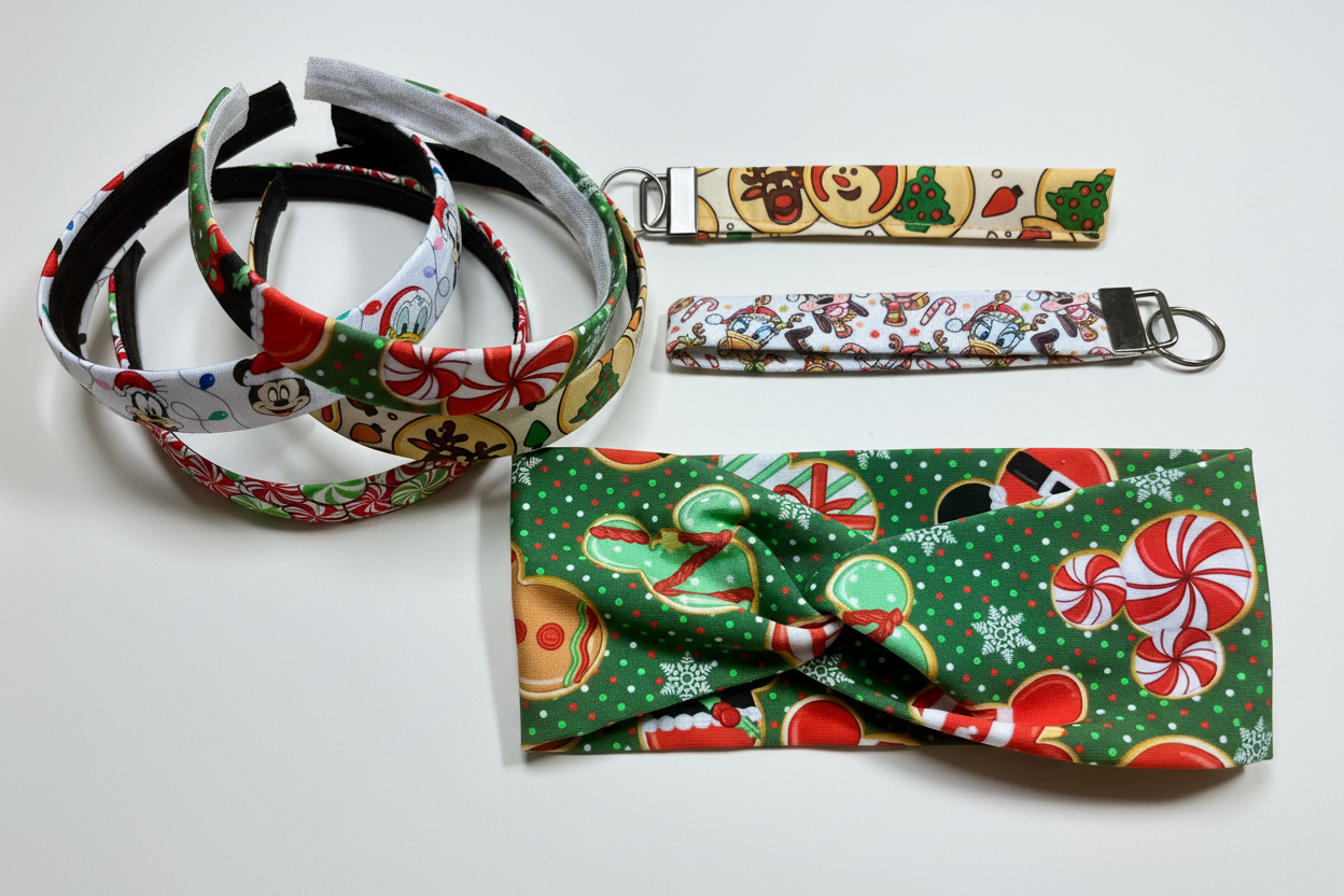 Set of Christmas-themed fabric items including headbands and keychains on a white background