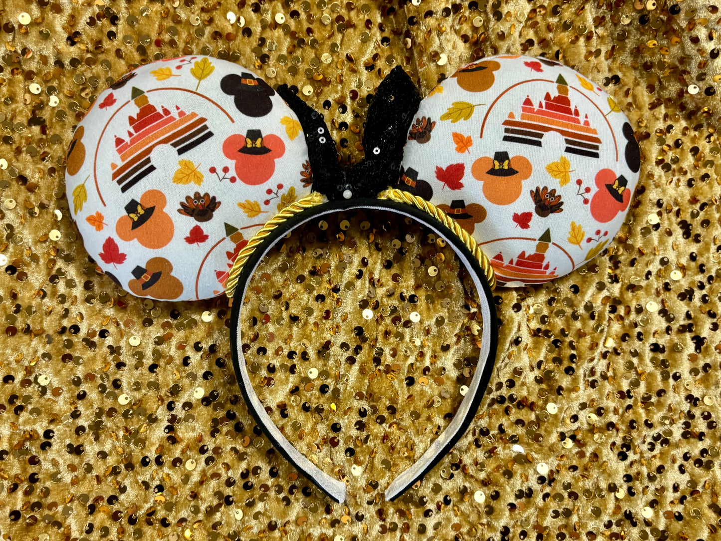 Thanksgiving Mouse Ears | Handmade Fall Disney Headband with Gold Trim & Sequin Bow