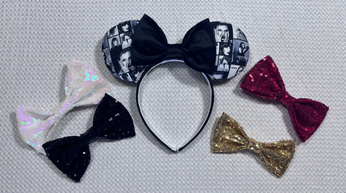 Set shown with sequin bow options. Handmade and ready to ship "BAD' reputation Mouse ears with a new beautiful black velvet bow. Of course, you can still request any bow in sequin if you prefer and I will attach it. Shown on a gold sequin background.