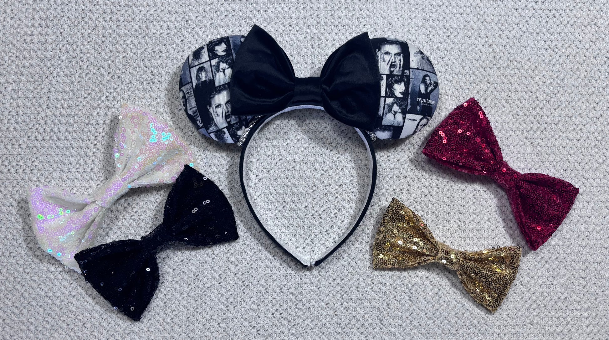 Set shown with sequin bow options. Handmade and ready to ship "BAD' reputation Mouse ears with a new beautiful black velvet bow. Of course, you can still request any bow in sequin if you prefer and I will attach it. Shown on a gold sequin background.