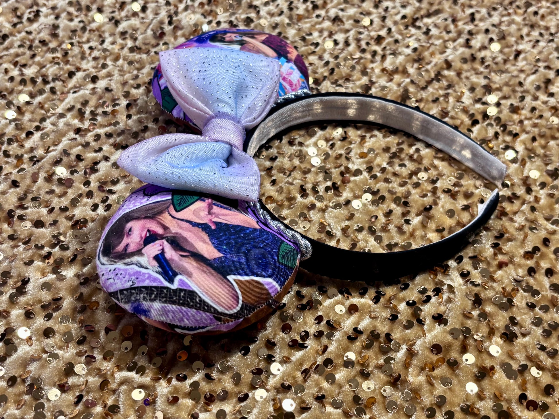 Side view. Handmade and ready to ship TS Mouse ears with a new beautiful sewn tulle bow with sparkles on it. Of course, you can still request any bow in sequin if you prefer and I will attach it. Shown on a gold sequin background.