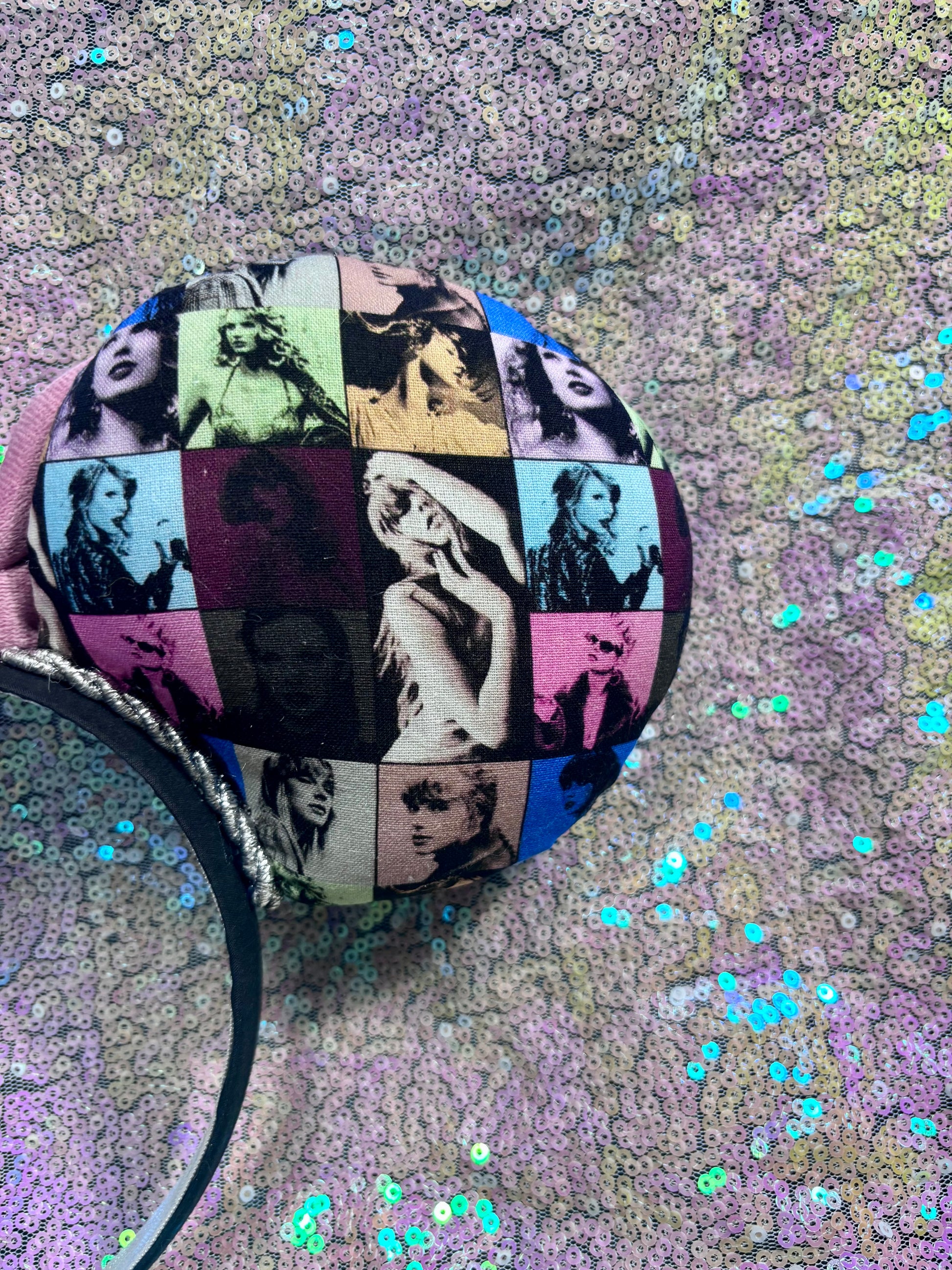 Back view close up of ear. Handmade and ready to ship ERAS 2.0 mouse ears with the fabric on both the front and back. On a black universal sized headband. The set has a DUSTY PINK VELVET bow, but you can request any sequin color in your order and I'll attach it.