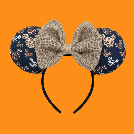 Handmade and ready to ship Safari DB Mouse ears with a burlap bow, jute trim on a poly cotton black headband that is universal sized.