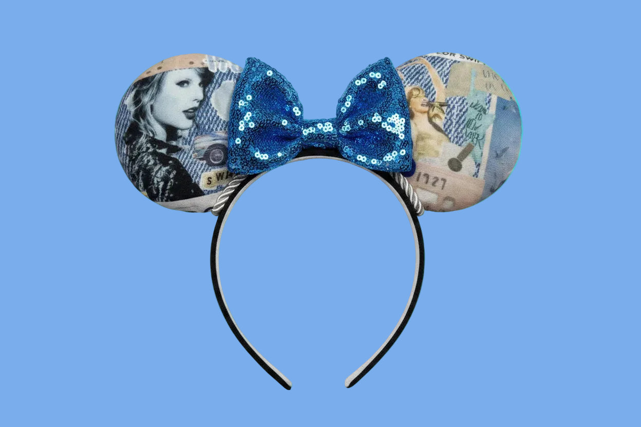 Handmade and ready to ship 1989 themed Mouse ears with images of Tay on a black poly cotton fabric universal sized headband. 