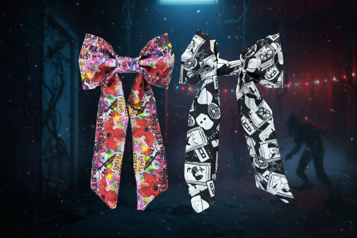 Two colorful bows with unique Stranger Things inspired patterns shown on a dark background