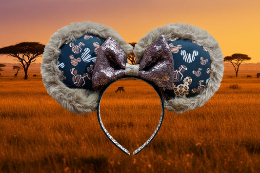 Mouse ears with animal print design the ears along with a faux fur attached all around the ears to look like a tail. On a headband with a brown and burlap middle bow. Shown on a headband against a sunset savanna background