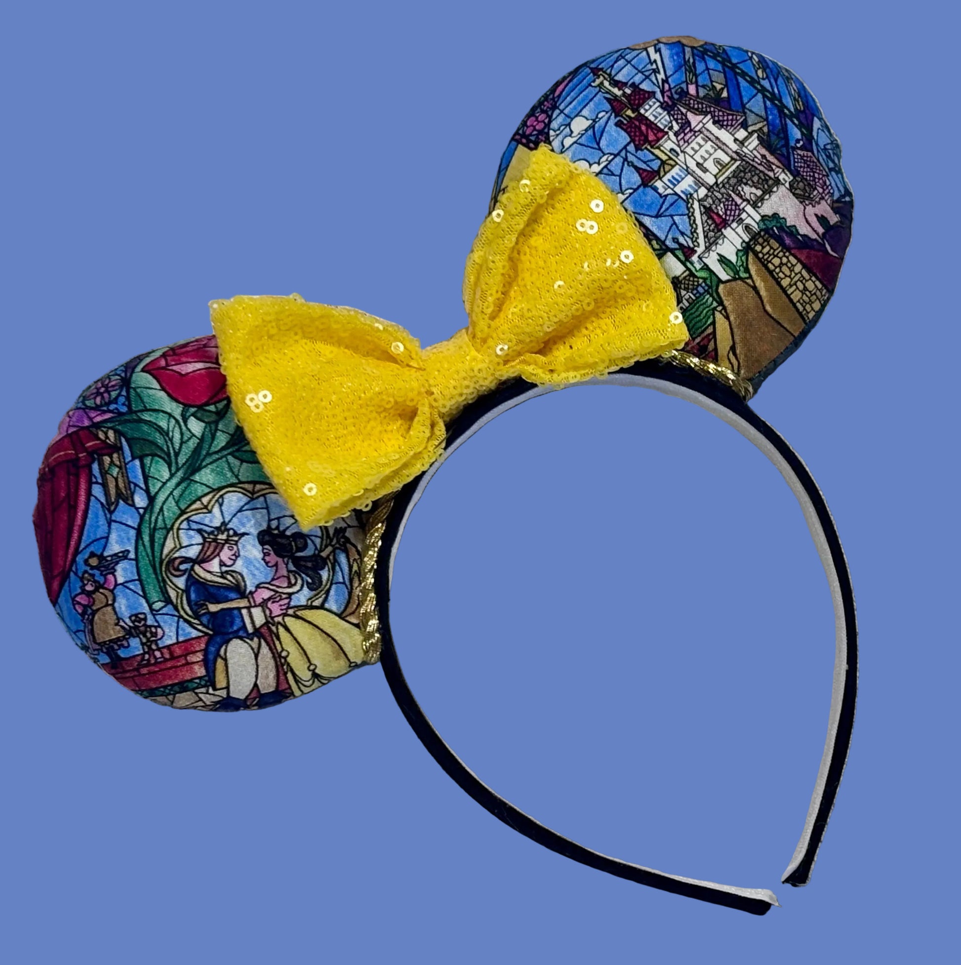 Handmade and ready to ship Stained Glass themed from BATB mouse ears with the fabric on both the front and back. On a black universal sized headband. yellow sequin bow, but you can request any sequin color in your order and I'll attach it. 