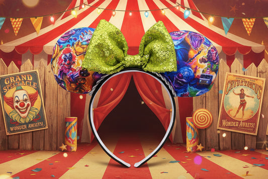 Killer Klowns Mouse Ears | Handmade Horror-Inspired Disney Headband with Lime Green Sequin Bow