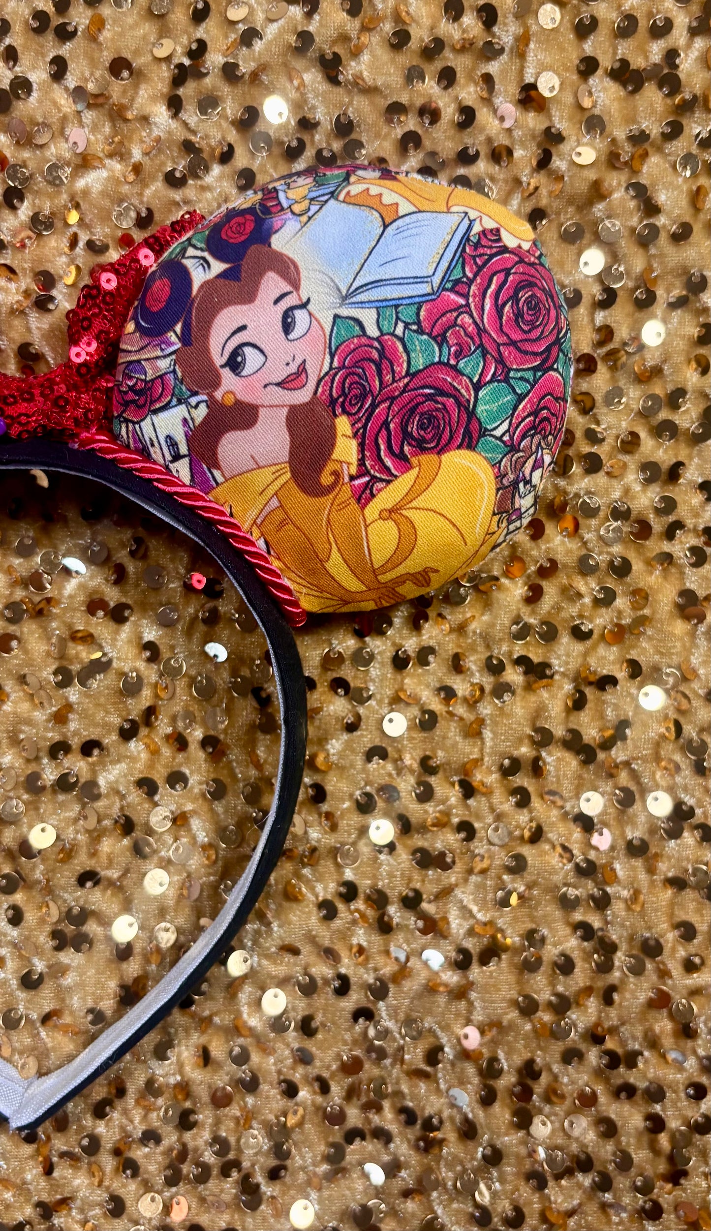 Belle from Beauty and the Beast-themed headband with Belle wearing mouse ears with red twisted trim and a red sequin bow. Handmade and ready to ship. 