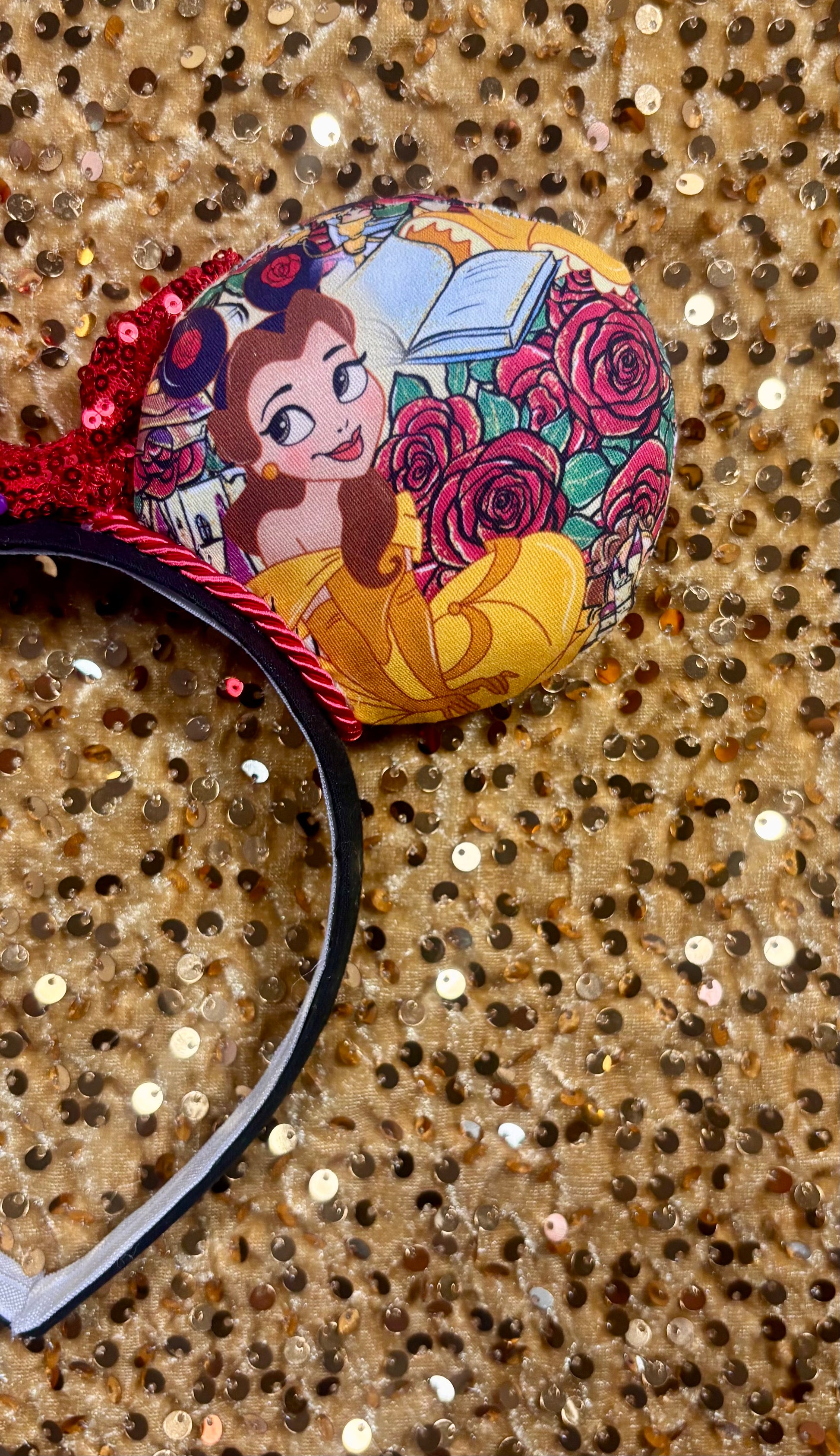 Belle from Beauty and the Beast-themed headband with Belle wearing mouse ears with red twisted trim and a red sequin bow. Handmade and ready to ship. 