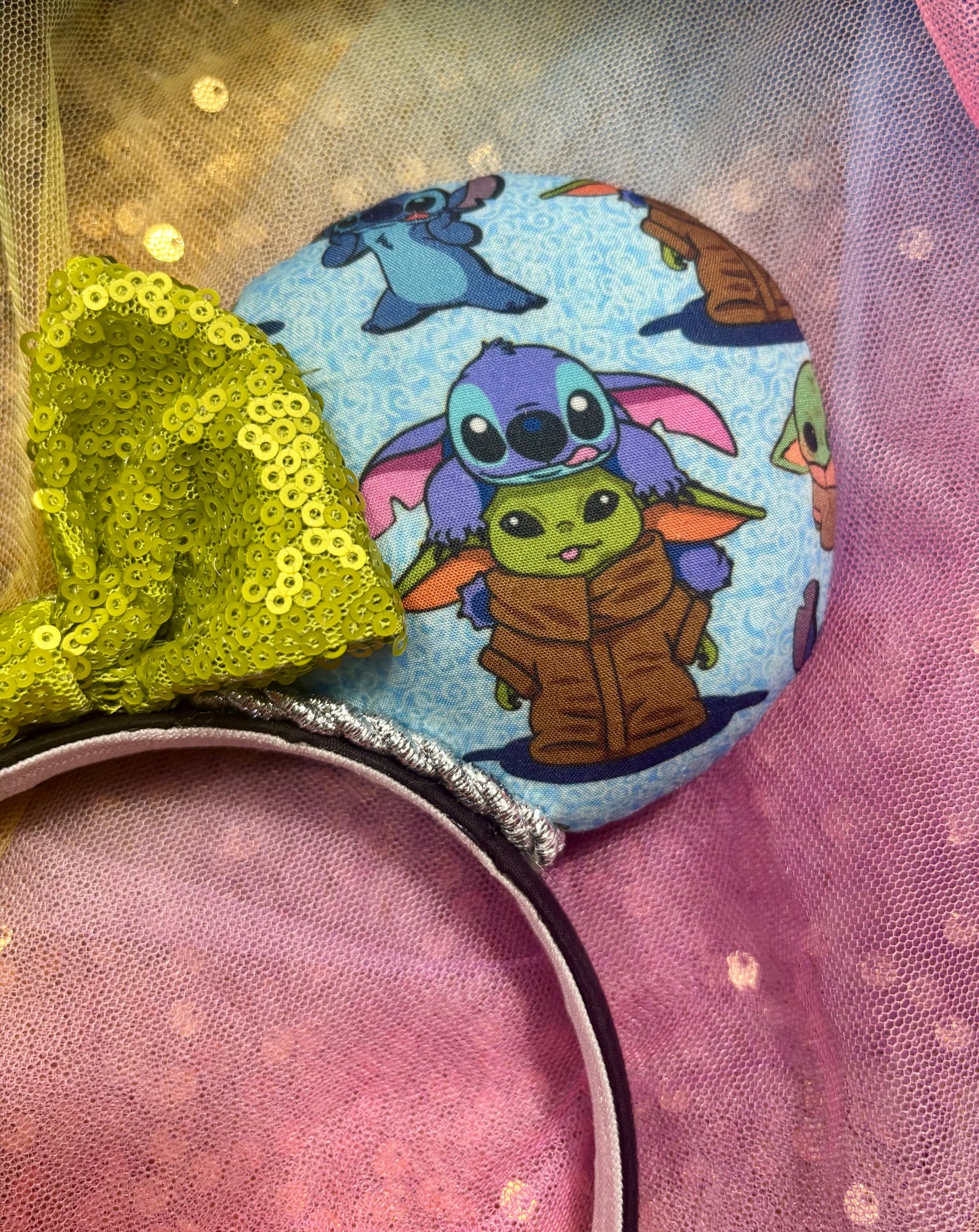 Baby Yoda & Stitch Mouse Ears | Handmade Star Wars Lilo & Stitch Disney Headband with Sequin Bow