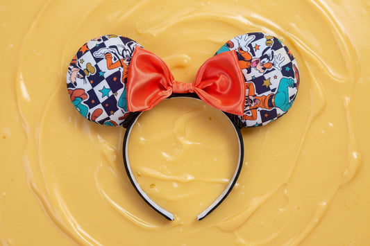 Goofy Mouse Ears | Classic Character Fabric Orange Satin & Turquoise Sequin Bow Headband