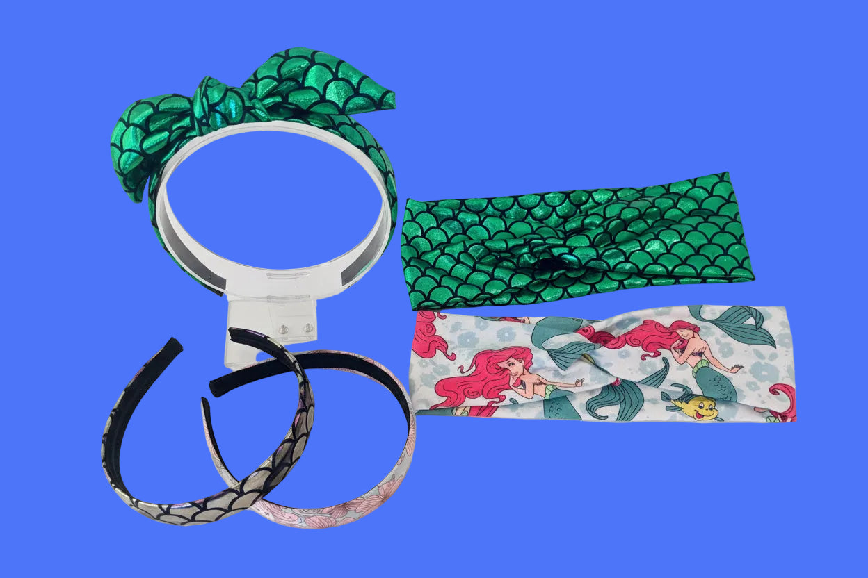 Set of 2 regular headbands with mermaid patterns, one mermaid scaled twisted bow headband and two mermaids twisted headwraps. Made and ready to ship. 