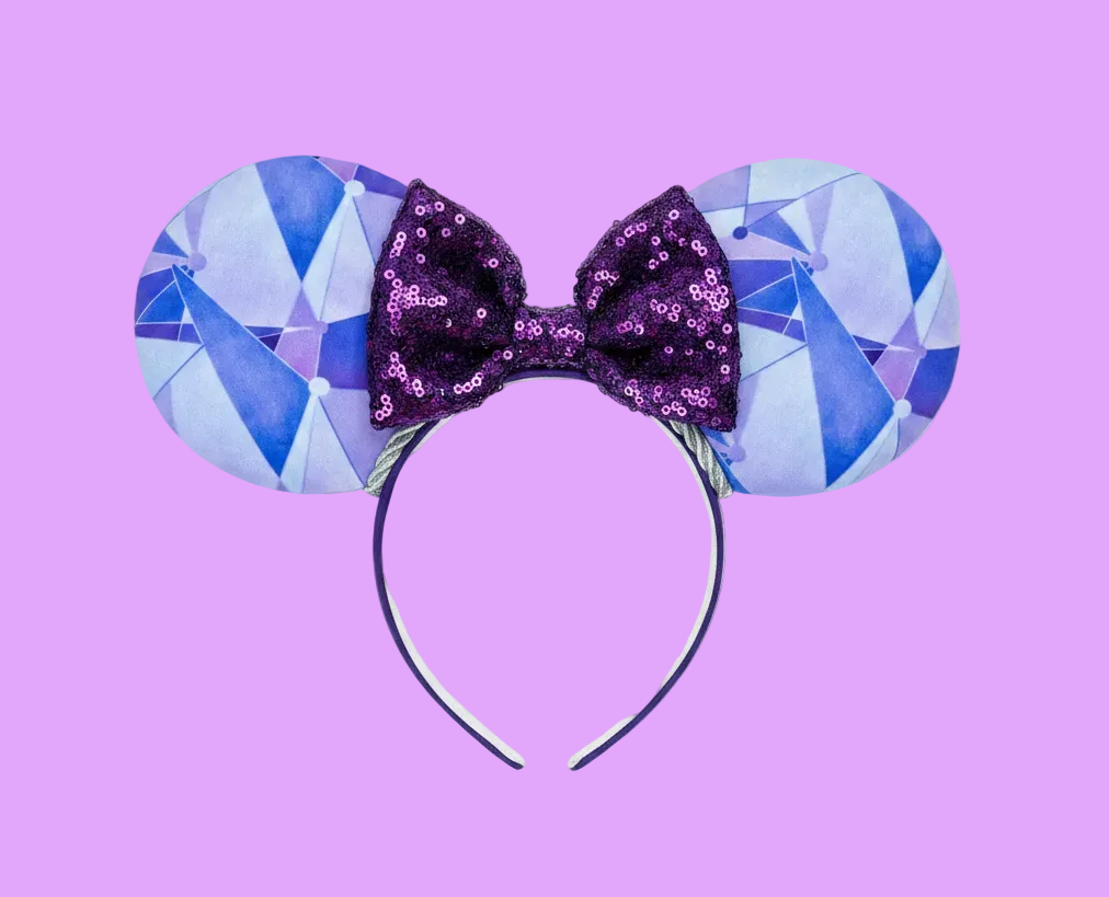 Handmade and ready to ship Purple Wall Mouse ears with a purple sequin bow, silver twisted trim and on a black universal sized headband.
