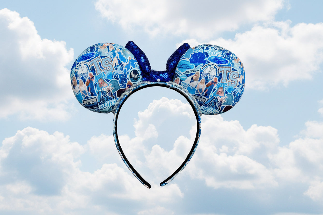 Blue Mouse Ears Headband with Silver Trim & Sequin Bow