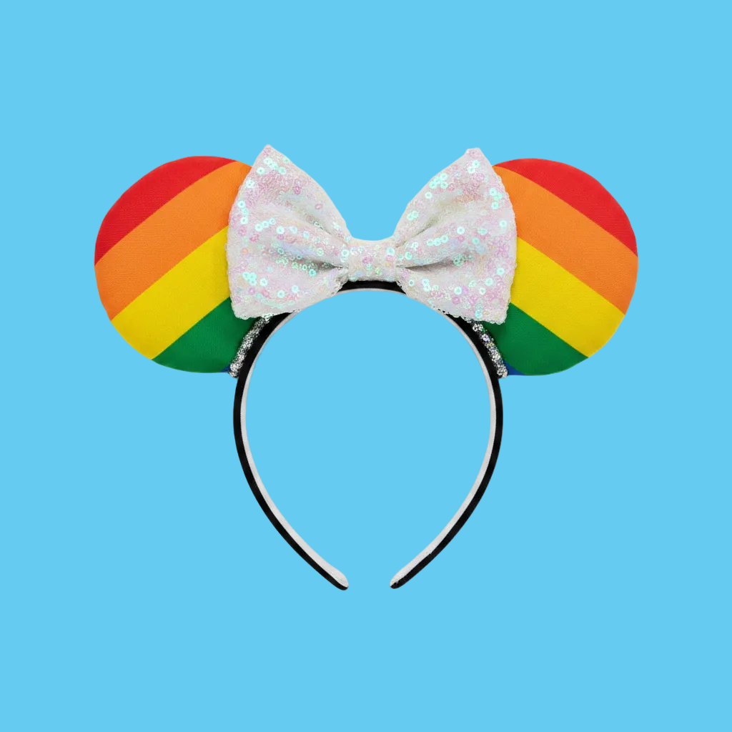 Handmade and ready to ship Pride Mouse ears with a white iridescent sequin bow with silver twisted trim and on a black universal sized headband.