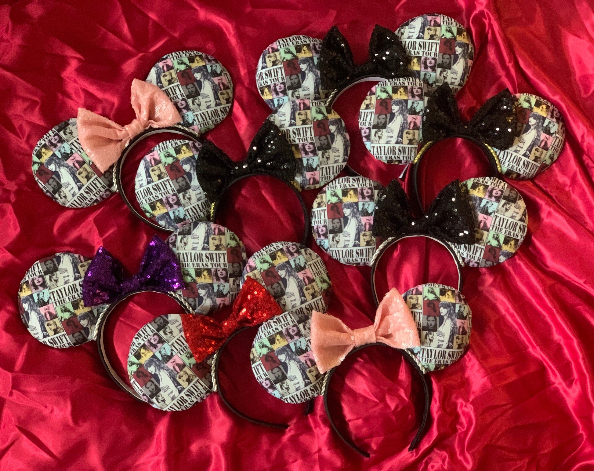 multicolor collage print on the ears. Photo is of multiple sets of this design for bow reference.
